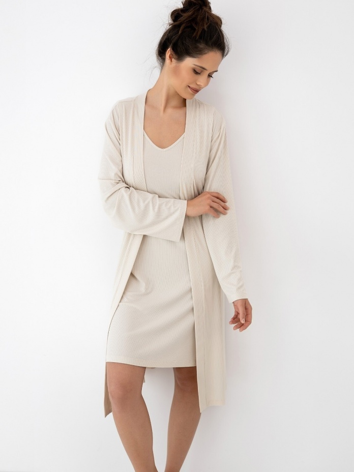 Sensis smėlio spalvos viskozės naktinukų ir chalato komplektas JULIENNE XS-XXL