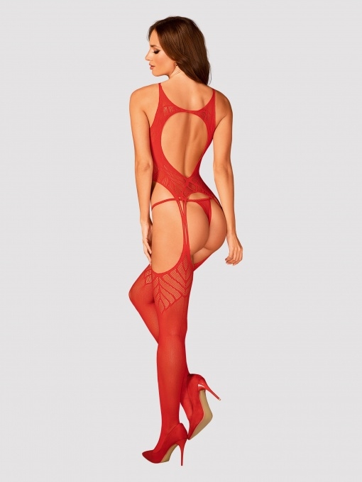 Obsessive raudona, geometriniais raštais dekotuota kūno kojinė N122