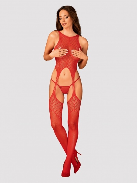 Obsessive raudona, geometriniais raštais dekotuota kūno kojinė N122